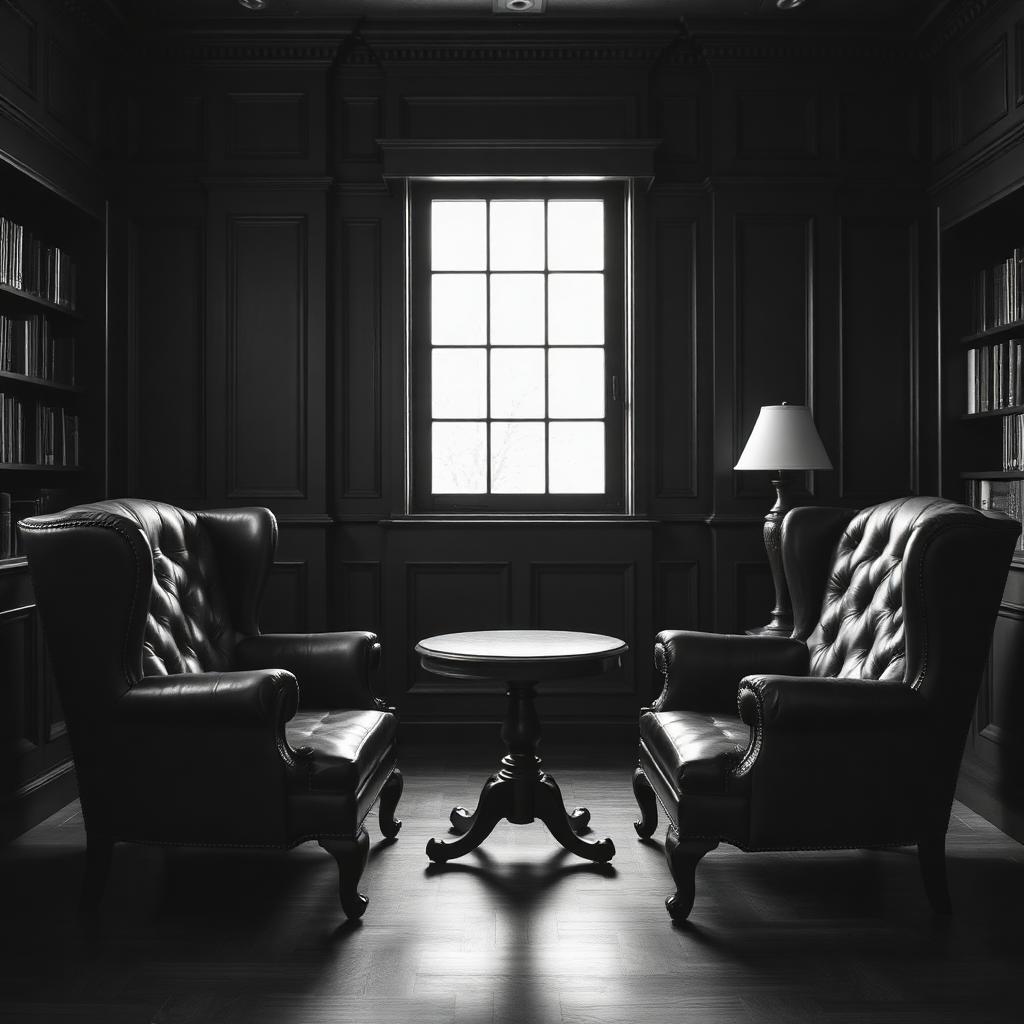Black and white photograph of two leather wingback chairs facing each other in a wood-paneled library