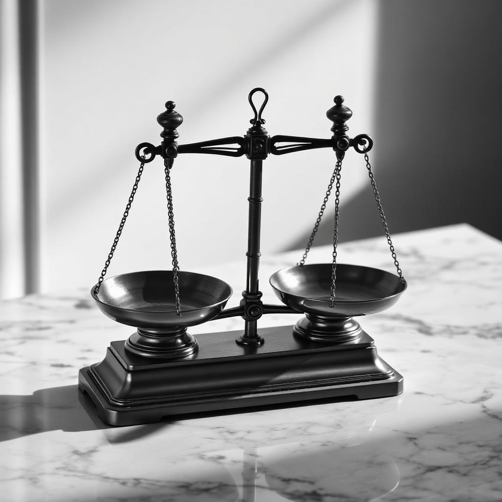 Black and white photograph of an antique brass balance scale on polished marble