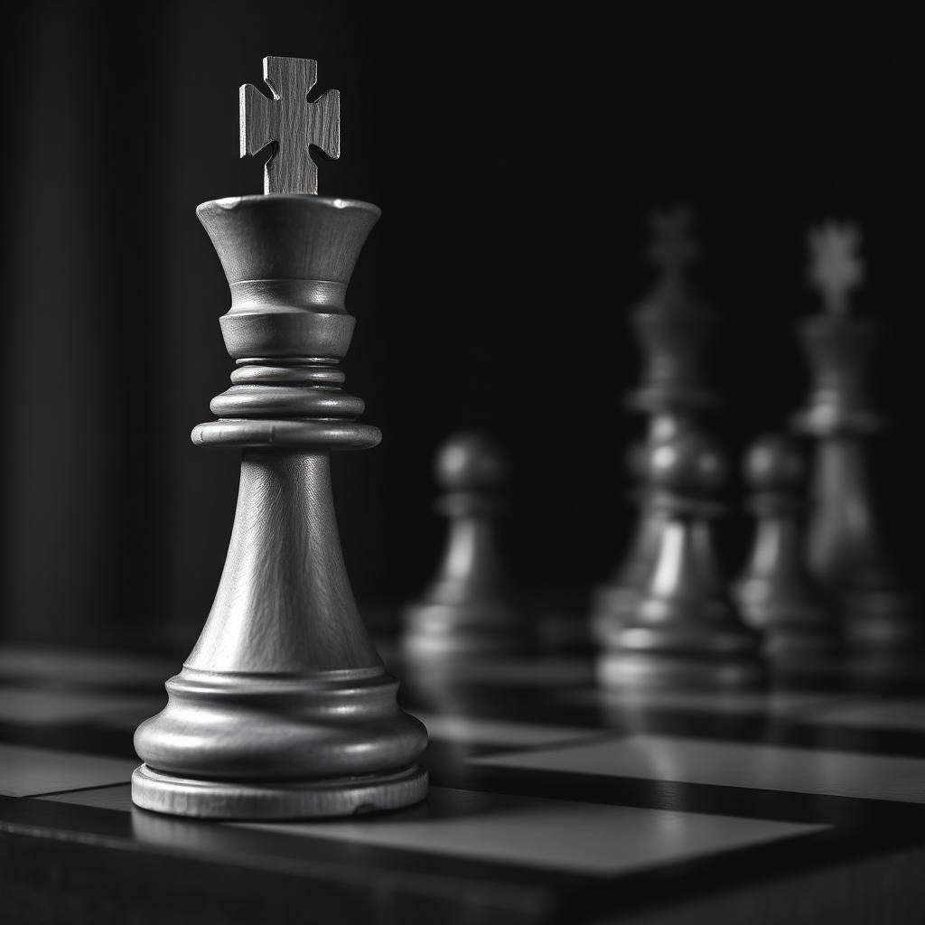 Black and white close-up photograph of a wooden chess king with other pieces softly out of focus
