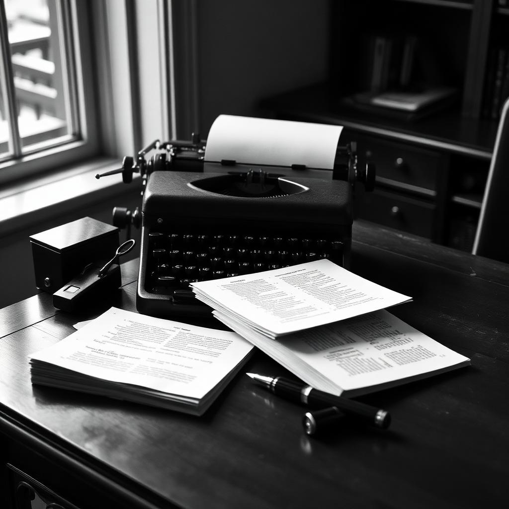 Black and white photograph of a vintage typewriter and typed pages on a wooden desk